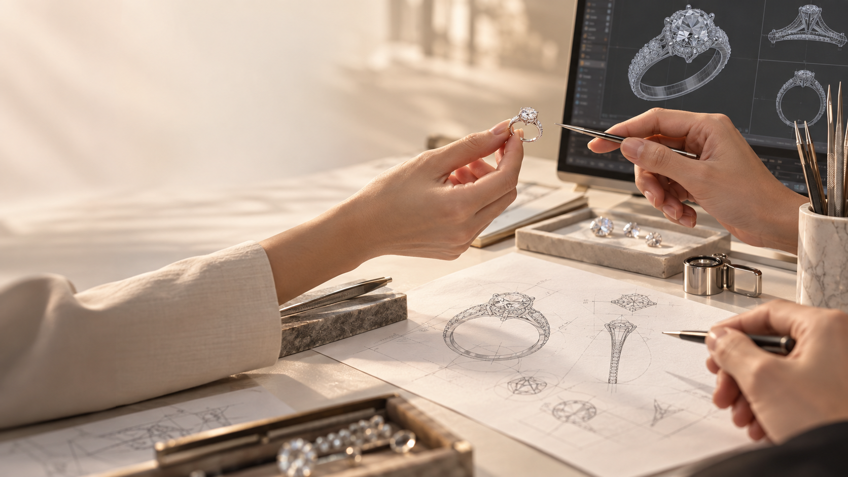 Jewelry team reviewing a moissanite ring sample with sketches and CAD design