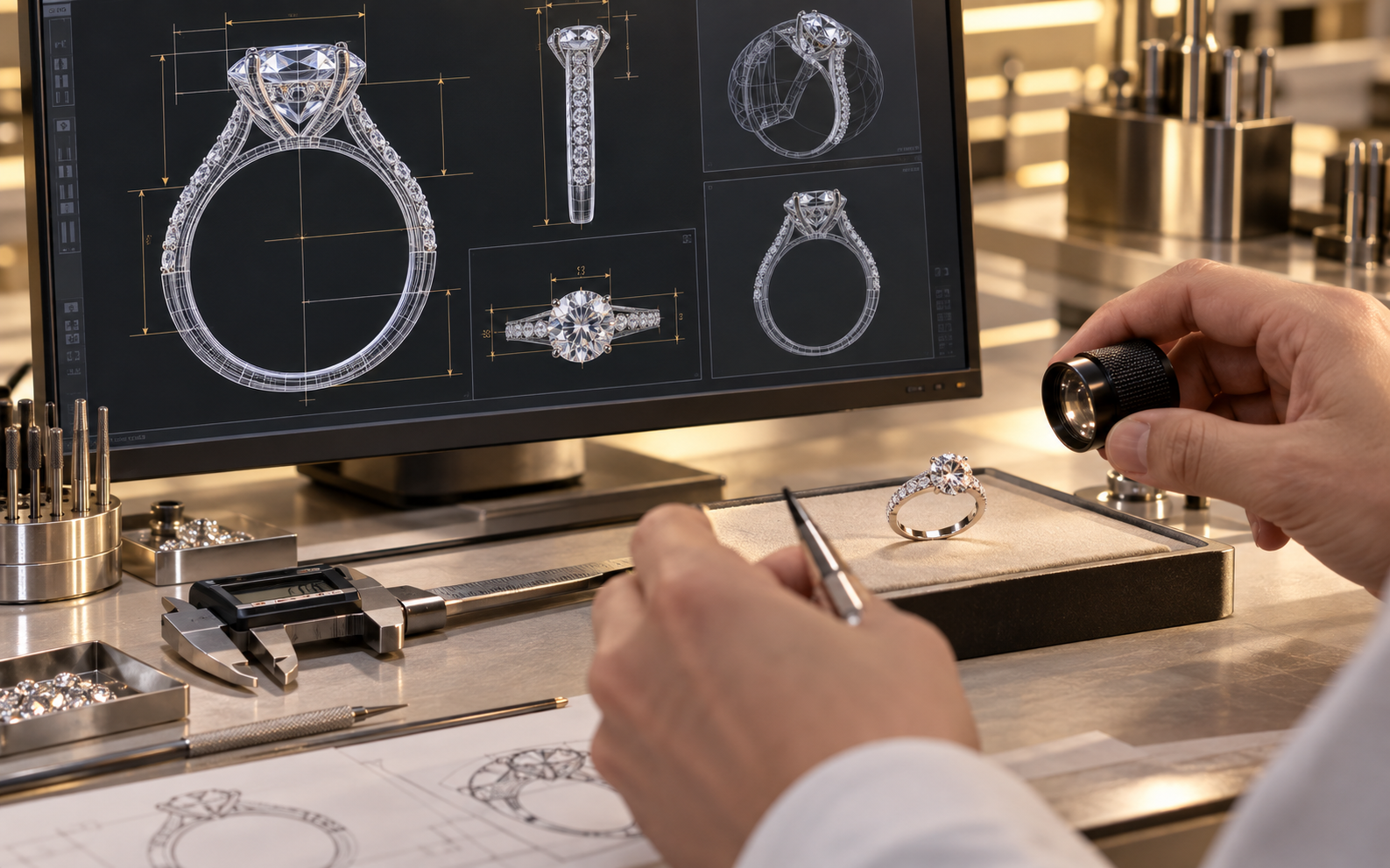 Jewelry engineer comparing a moissanite ring sample with its CAD model