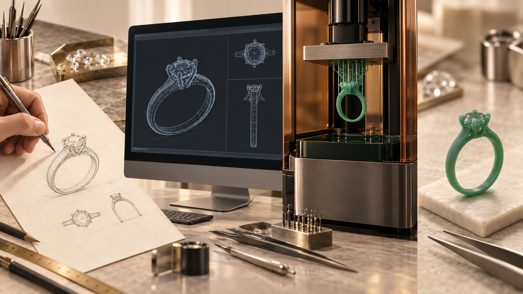 Jewelry customization process from hand sketch and CAD modeling to resin 3D printing
