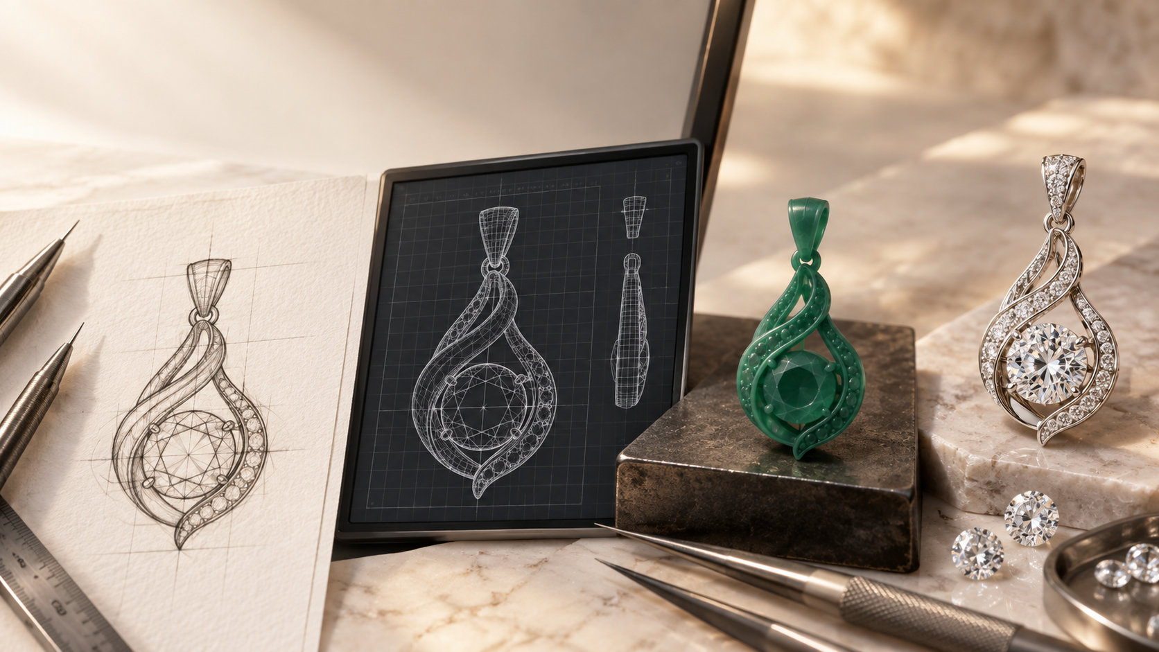 Custom moissanite pendant moving from sketch and CAD to resin prototype and finished jewelry
