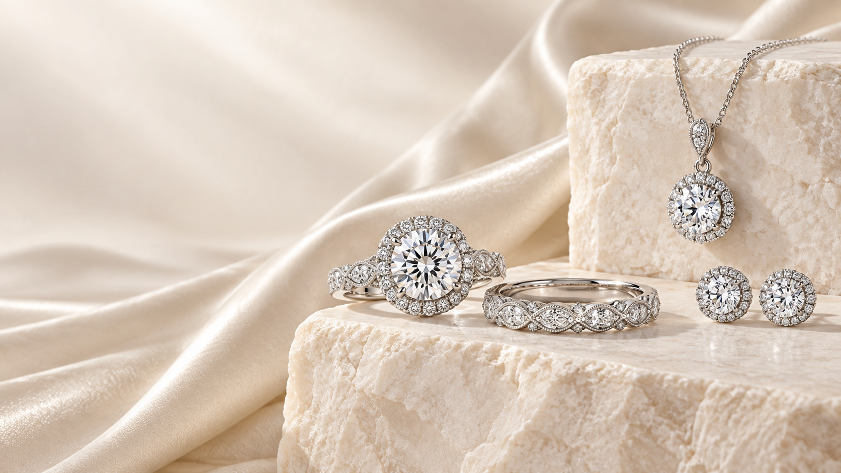 Coordinated moissanite bridal ring pendant and earring collection