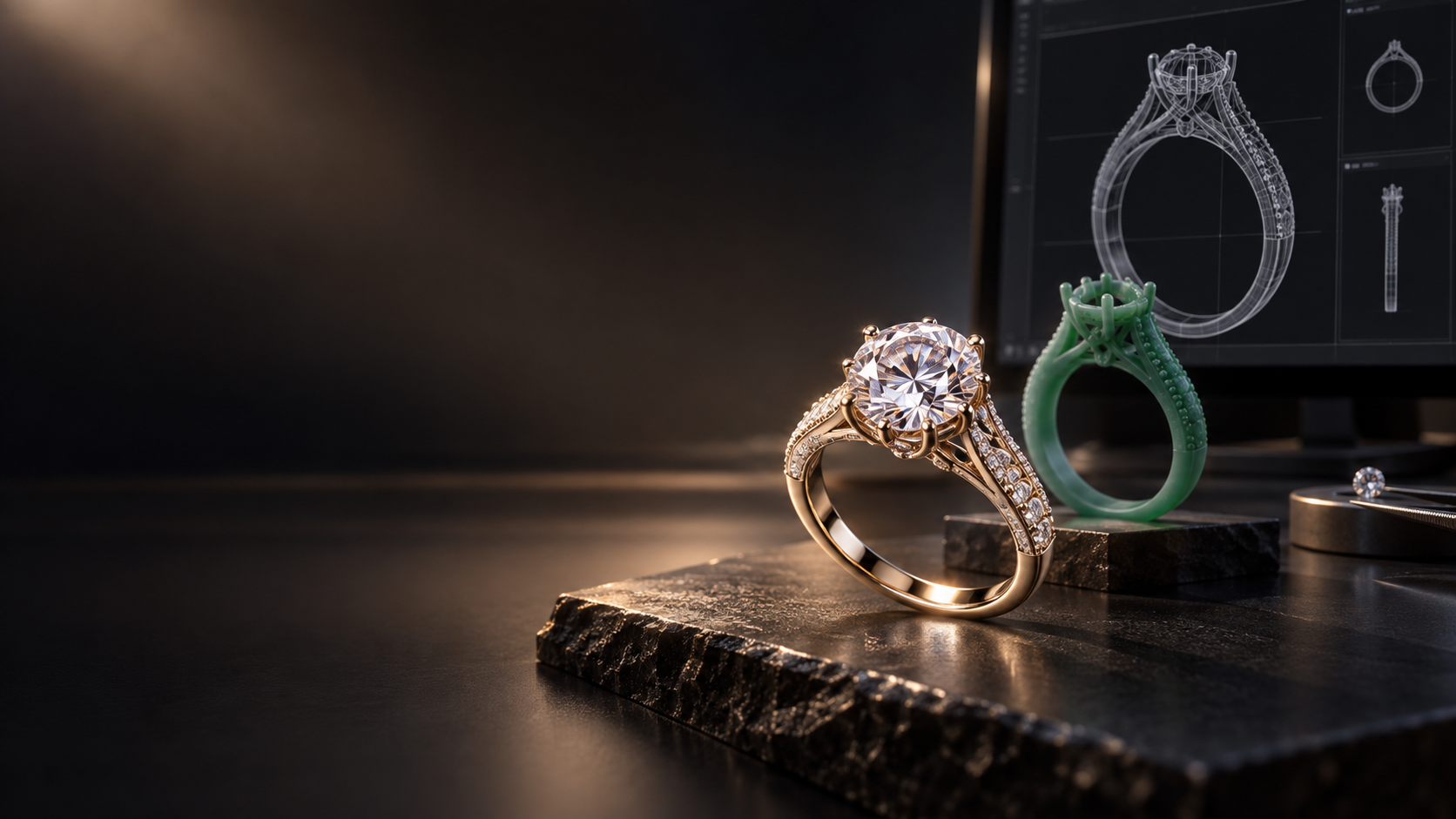 Finished moissanite ring with CAD model and castable resin prototype