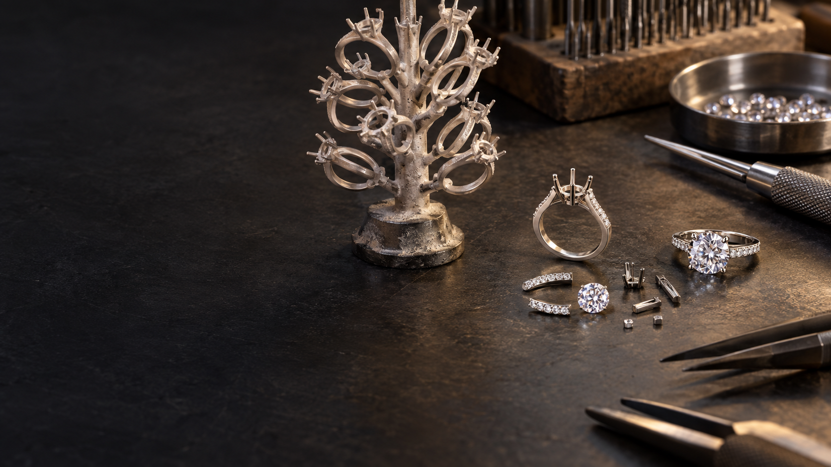 Jewelry casting tree, ring mount, setting components and finished moissanite ring