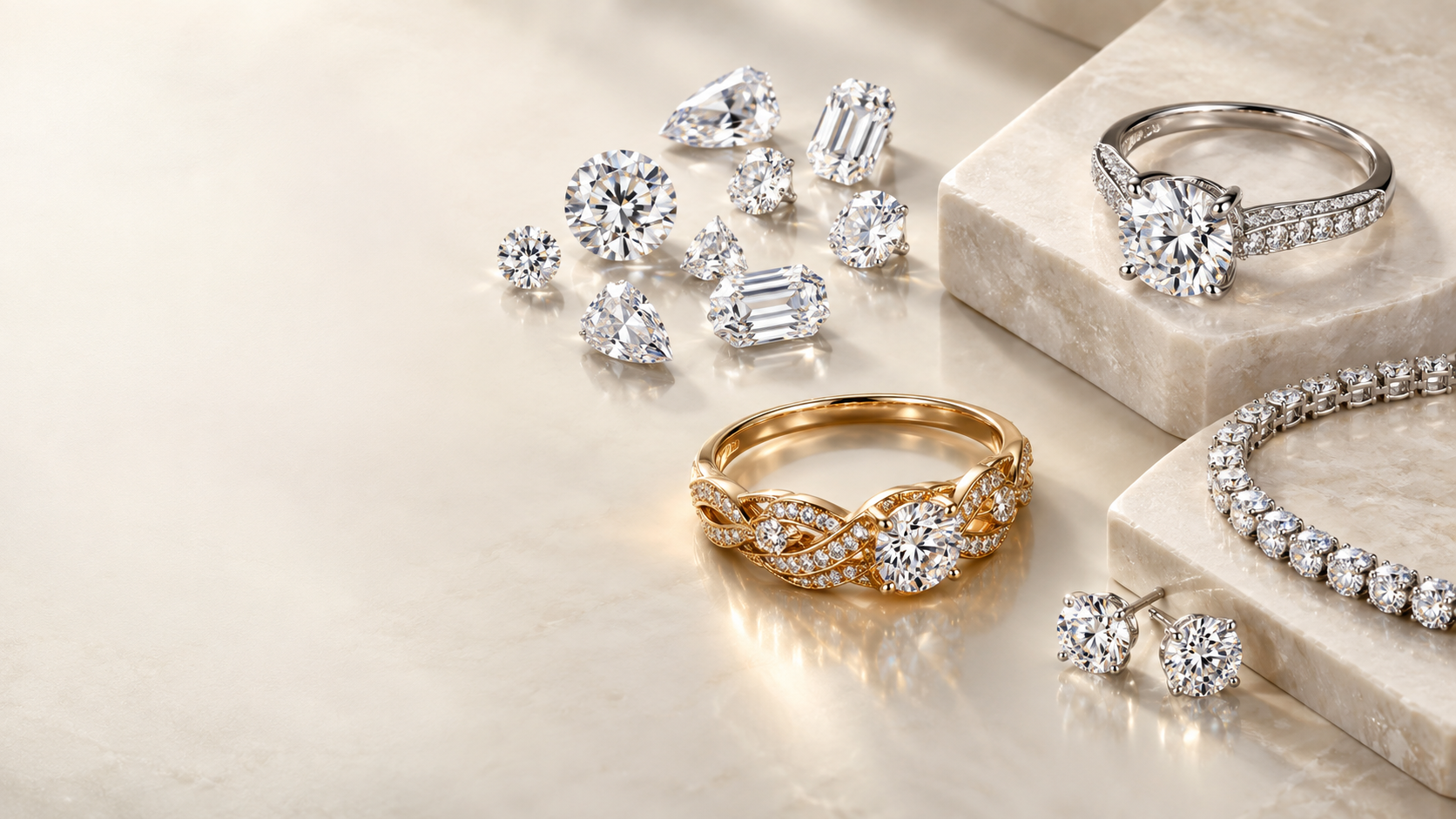 Loose colorless gemstones with silver and gold-tone custom jewelry material directions