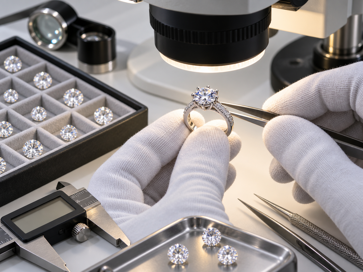 Moissanite ring and gemstone quality inspection under a microscope