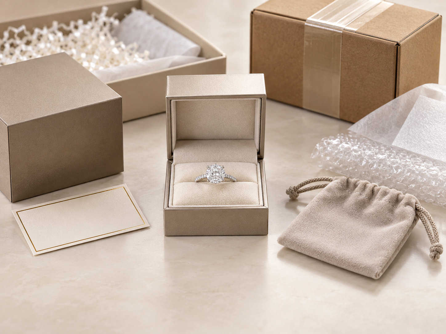 Finished moissanite ring with custom private-label jewelry packaging
