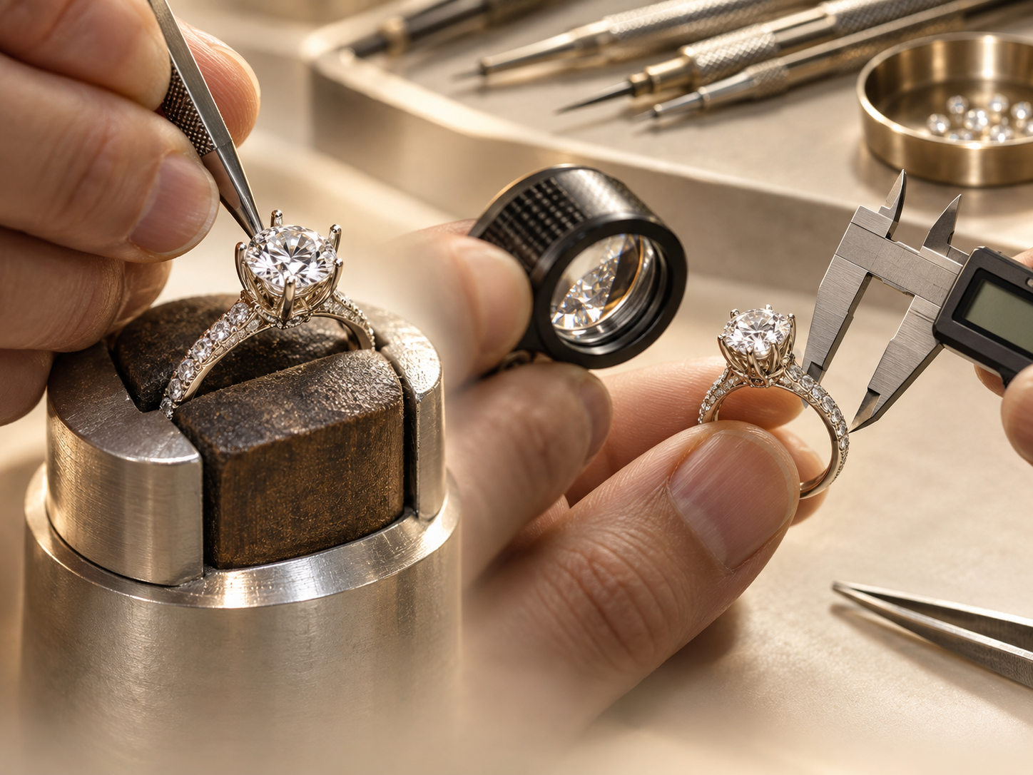 Moissanite ring stone setting and precision quality inspection